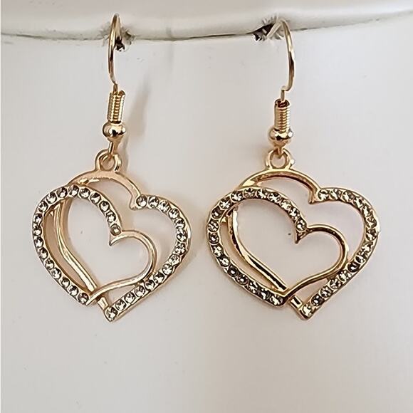 Double Heart Pendant Necklace and Earrings Set Rhinestones on Gold Tone Metal - Picture 3 of 3